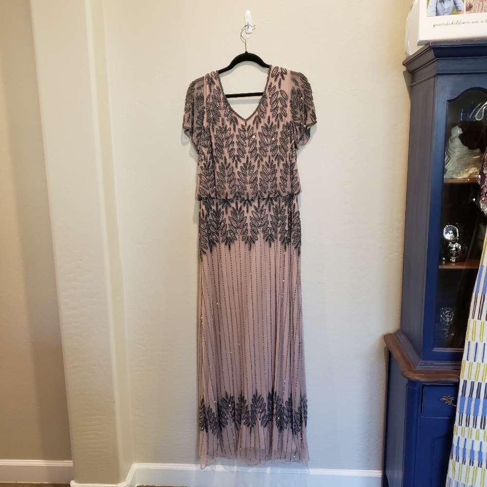 Pisarro Nights V Neck Beaded Blouson Gown Mauve Charcoal Beaded Plus Size 14